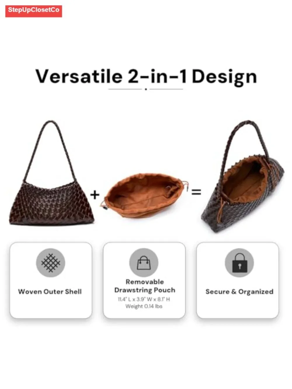Woven Vegan Leather Hobo Handbag with Drawstring Pouch, Shoulder & Clutch